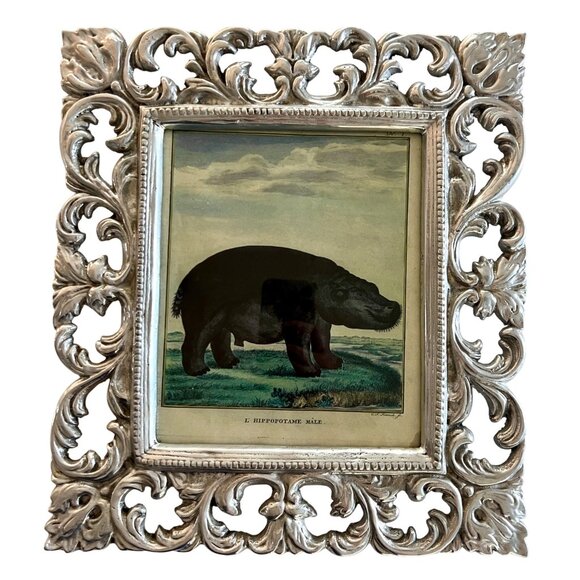 Large Pewter Ornate Picture Frame Hippopotamus Illustration Heavy 8 x 6.5" - Picture 8 of 11